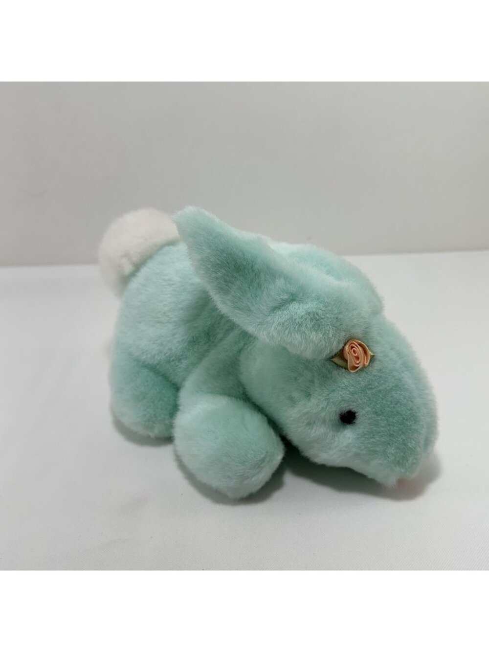 Vintage Commonwealth Bunny Rabbit Toy Plush White Tail Mint Green Rose Flower